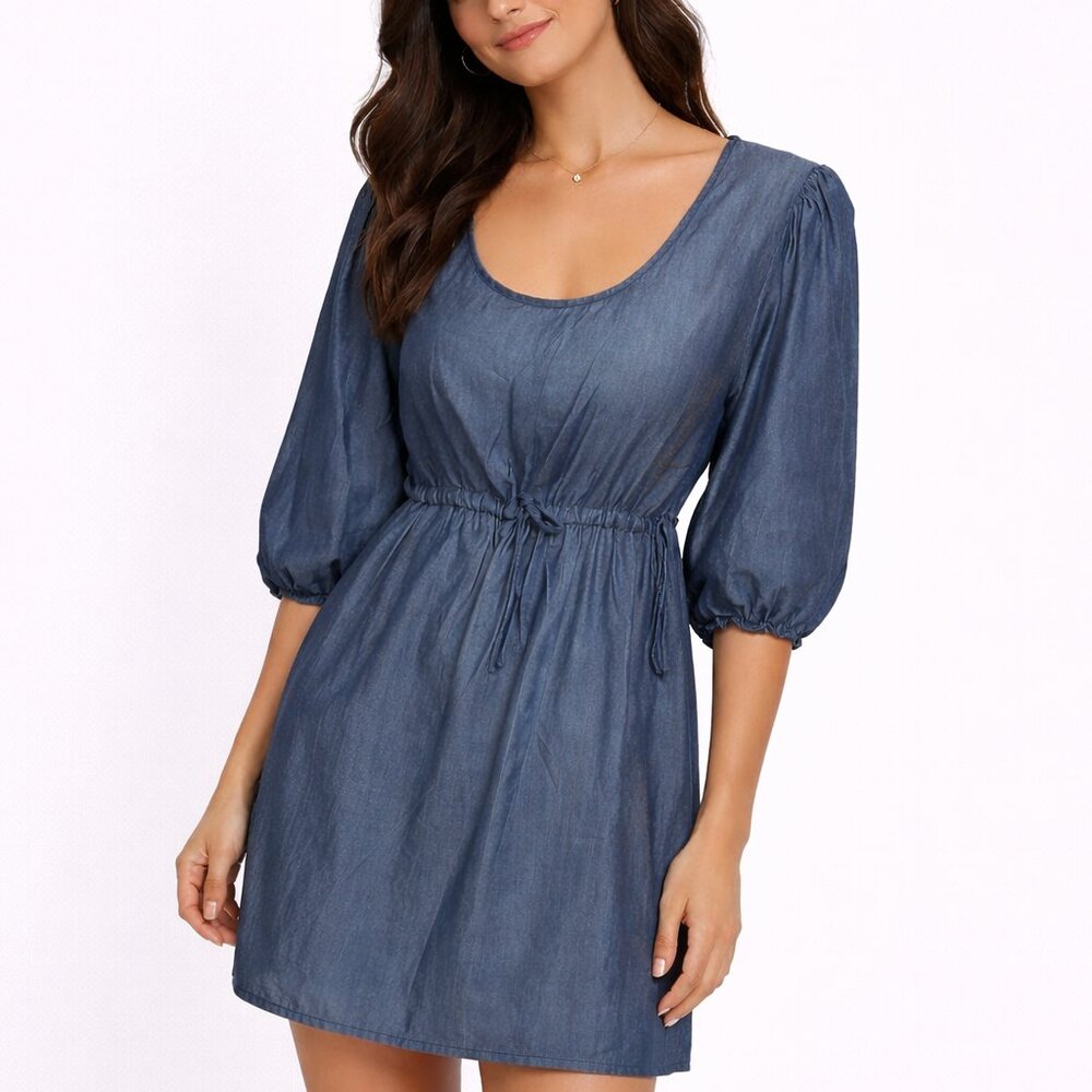 Chasensully chambray empire adjustable waist side tie silk bamboo dress Sz small